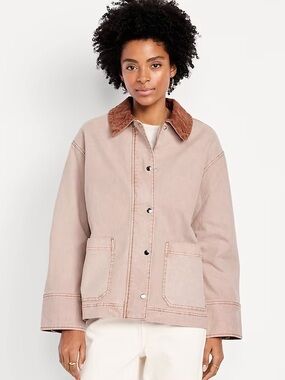 Old Navy Pink Denim Jacket with Rust Corduroy Collar